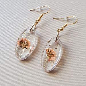 Handmade small oval pressed flower wildflower dangle earrings